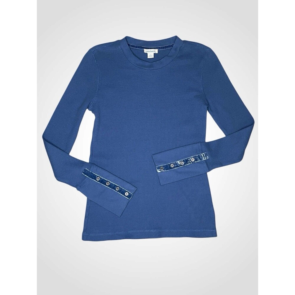 Sundance Thermal Tee Velvet Button Cuff Detail Womens SM Blue Crew Neck Stretch
